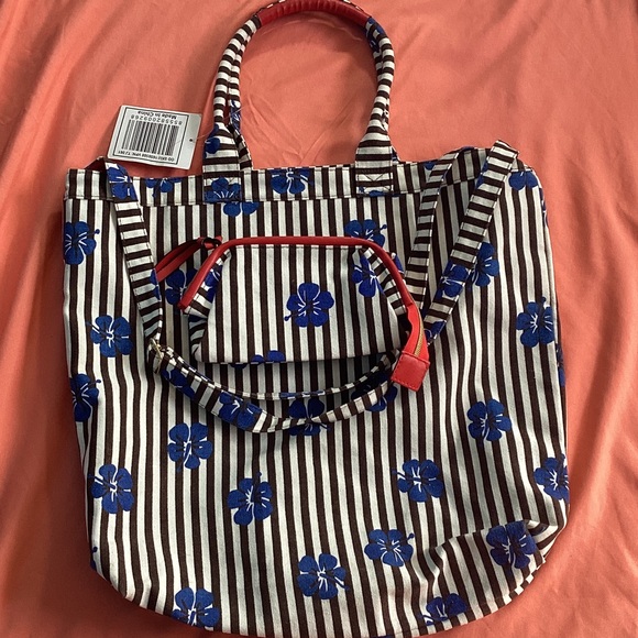 Handbags - Striped Floral Tote Bag with Pouch